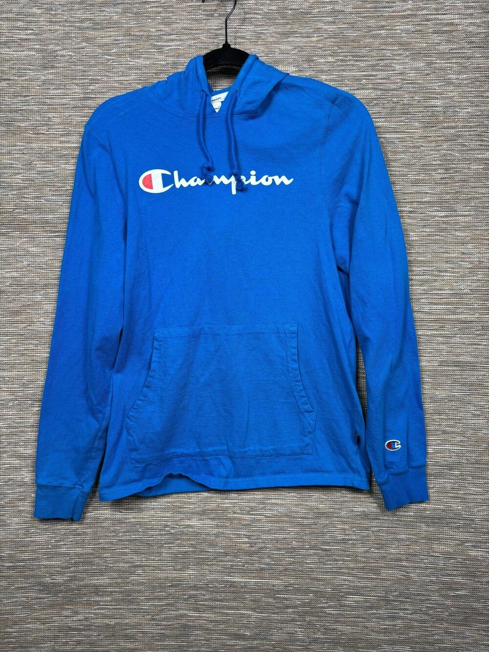 Champion Hoodie Sweatshirt Mens Small Blue Script Logo Pullover Cotton T4177